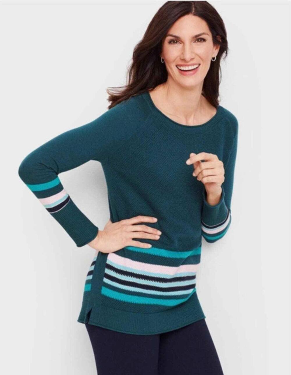 T by Talbots Waffle Knit Striped Tunic Sweater Teal Size L